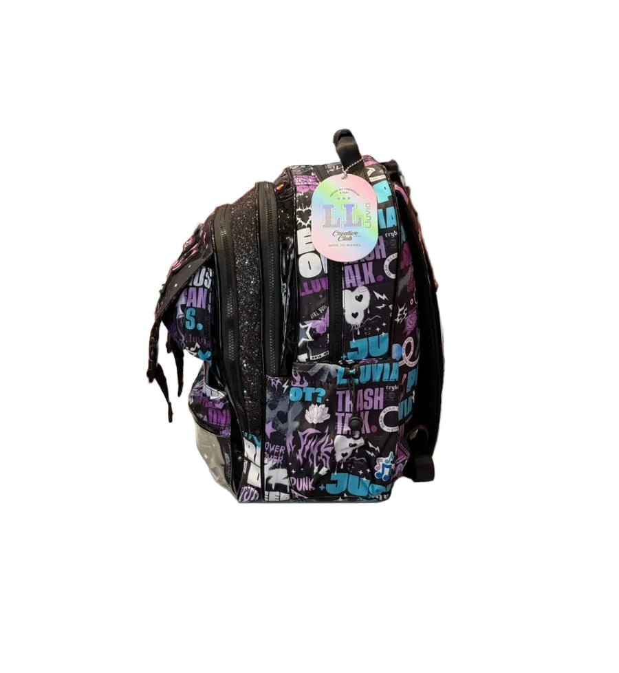 Mochila Primaria Negra Con Figuras Lluvia LL26BPC06