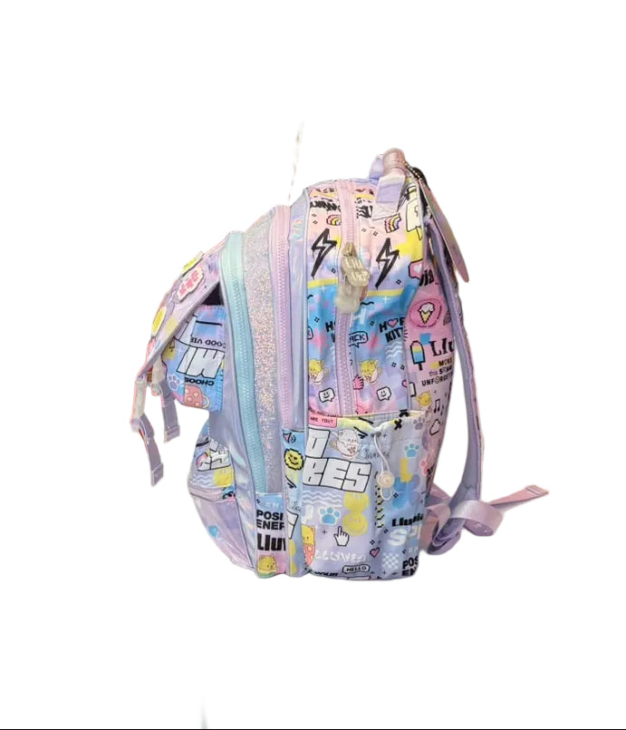 Mochila Primaria Lila Con Figuras Lluvia LL26BPC08