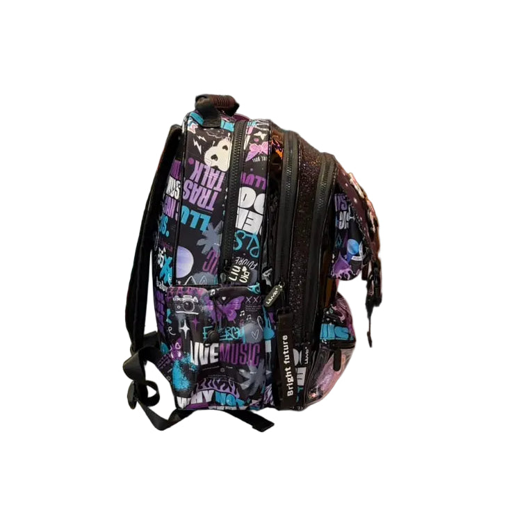 Mochila Primaria Negra Con Figuras Lluvia LL26BPC06