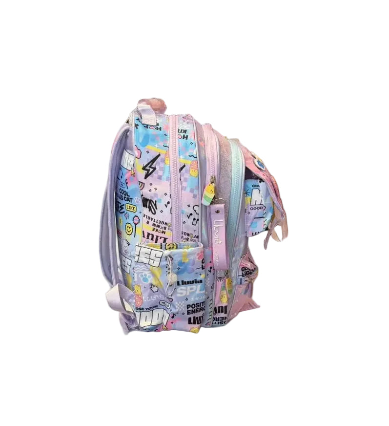 Mochila Primaria Lila Con Figuras Lluvia LL26BPC08